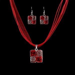 Leather Squares Necklace And Matching Earrings Set